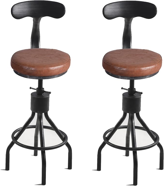 Diwhy Industrial Vintage Bar Stool, Kitchen Counter Height Adjustable Pipe Chair, Cast Iron Stool, Swivel Bar Stool with Backrest, Silver, Fully Welded Set of 2 Brown Upholstered