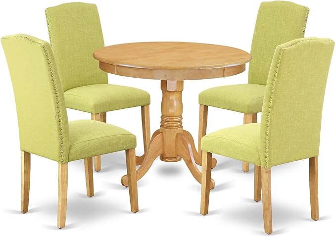 East West Furniture ANEN5-OAK-07 5 Piece Kitchen Table Set for 4 Includes a Round Dining Room Table with Pedestal and 4 Limelight Linen Fabric Parson Dining Chairs, 36x36 Inch, Oak