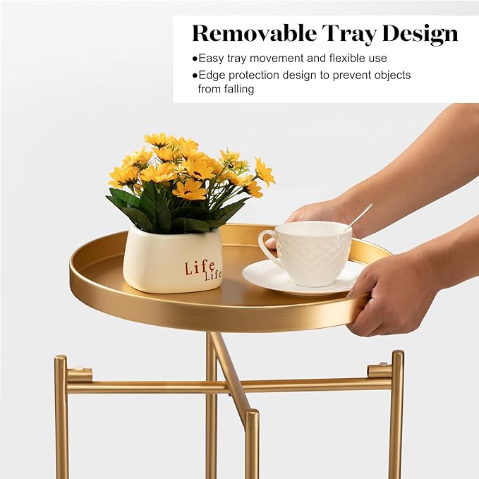 TeoKJ 2 Tier Round Side Table, Folding Metal Small Bedside Nightstand for with Two Removable Tray for Bedroom Living Room Bedside Small Spaces Gold