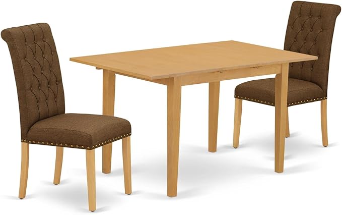 East West Furniture NOBR3-OAK-18 3 Piece Dining Set Contains a Rectangle Dining Room Table with Butterfly Leaf and 2 Brown Linen Linen Fabric Upholstered Chairs, 32x54 Inch, Oak