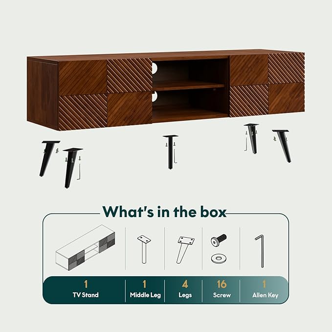 Bme Rhombus Wooden TV Stand with Storage Cabinets – Solid Acacia Wood, Geometric Rhombus Pattern Doors, Scandinavian Modern Entertainment Console with Metal Base