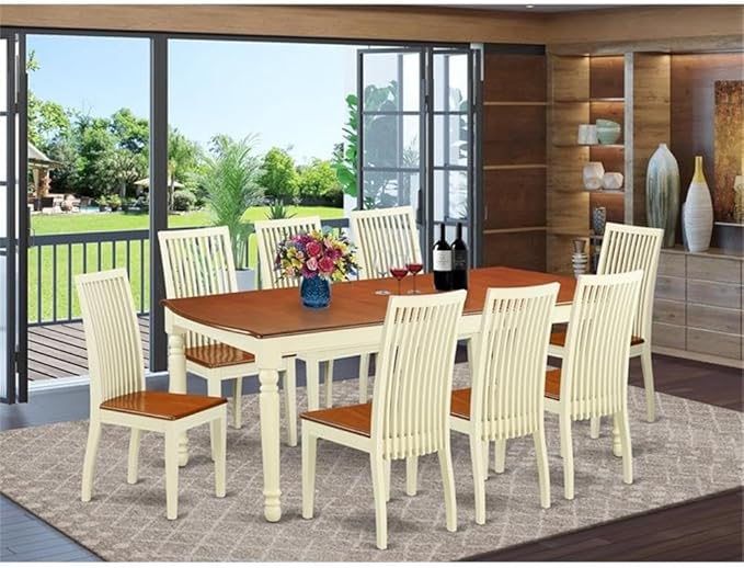 East West Furniture DOIP9-BMK-W 9 Piece Modern Dining Table Set Includes a Rectangle Wooden Table with Butterfly Leaf and 8 Kitchen Dining Chairs, 42x78 Inch, Buttermilk & Cherry