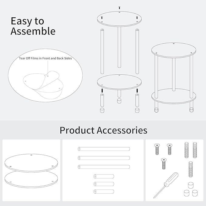 Clear Round Acrylic Side Table for Small Spaces, 11.81" L x 11.81" W x 19.82" H, 2 Tier Small Modern Drink End Table Nightstand, Minimalist Bedside Table for Living Room, Bedroom, Bathroom