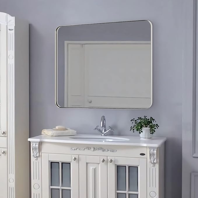 ANDY STAR Chrome Mirror for Bathroom, 30x36 Metal Frame Wall Mirror with Rounded Corner, Modern Rectangle Bathroom Vanity Mirror with Polish Finish…