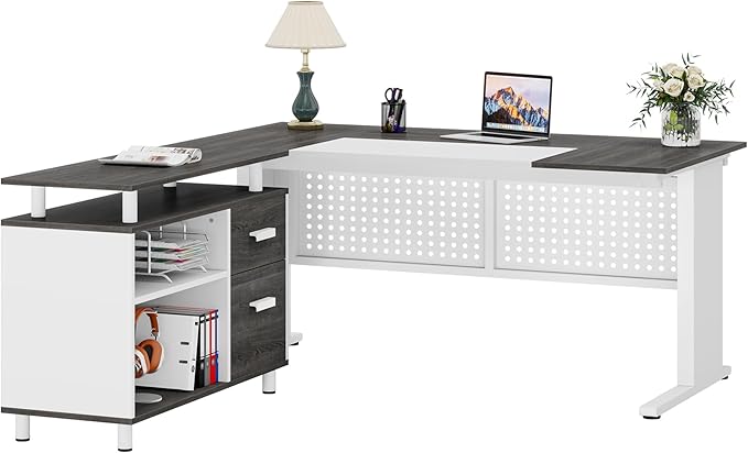 Tribesigns 63 Inch Executive Desk with File Cabinet, L Shaped Office Desk with Drawers and Storage Shelves, Business Furniture Set Workstation for Home Office, Gray and White
