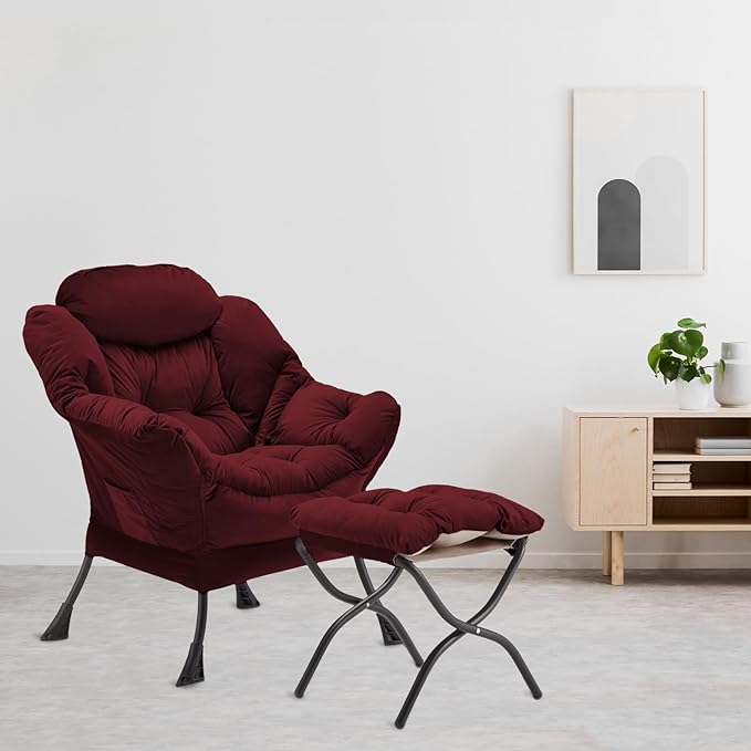 Lazy Chair with Folding Ottoman, Accent Chair Velvet Upholstered with Metal Structure and Non-Slip Pads, Sofa Armchair with Footrest and Side Storage Bag for Dorm, Room, Office, Burgundy