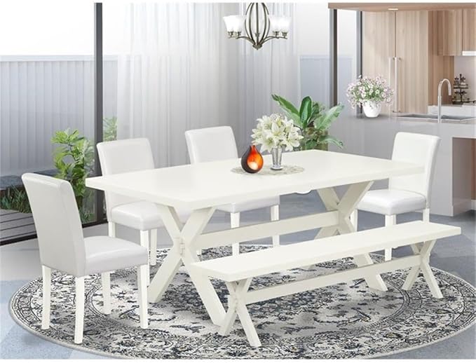 East West Furniture X027AB264-6 6 Piece Dining Table Set Contains a Rectangle Kitchen Table with X-Legs and 4 White Faux Leather Upholstered Chairs with a Bench, 40x72 Inch, Multi-Color