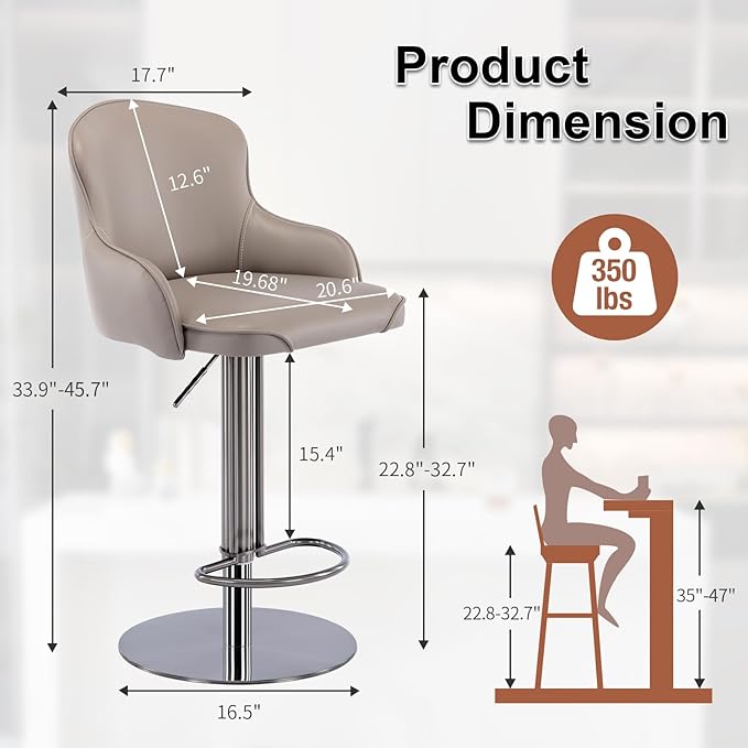 CozyRain Bar Stools Adjustable Stainless Steel Swivel Barstool with Back and Footrest,Modern Leather Upholstered Bar Chairs for Home,Kitchen,Bar, Counter Orange/Grey (2pcs Grey)