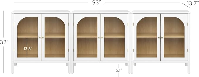 Nathan James Mason Wood Storage Cabinet Accent Sideboard Buffet Credenza TV Stand with Glass Doors and Adjustable Shelf for Dining Room, Entryway or Living Room, Clear Glass/White/Light Oak, Set of 3