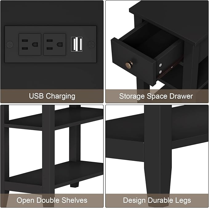 ChooChoo Black End Table Set of 2, Sofa Side Table Living Room with Charging Station,Narrow Night Stand with USB Ports & Power Outlets and Hidden Drawer
