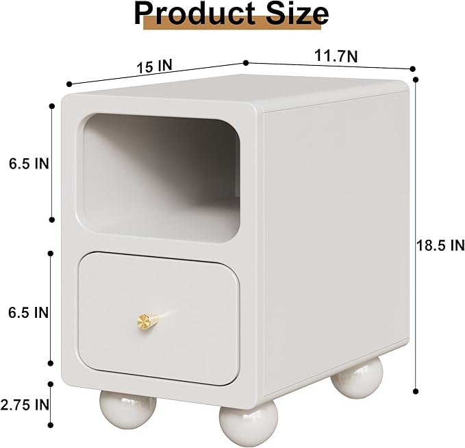 Solid Wood Nightstand, Narrow Night Stand with Drawers, White Mid Century Modern Nightstand, Small Beside Table with Open Storage Shelf for Bedroom (12 inch)
