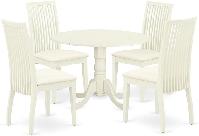 East West Furniture DLIP5-WHI-C 5 Piece Kitchen Table & Chairs Set Includes a Round Dining Table with Dropleaf and 4 Linen Fabric Dining Room Chairs, 42x42 Inch, Linen White