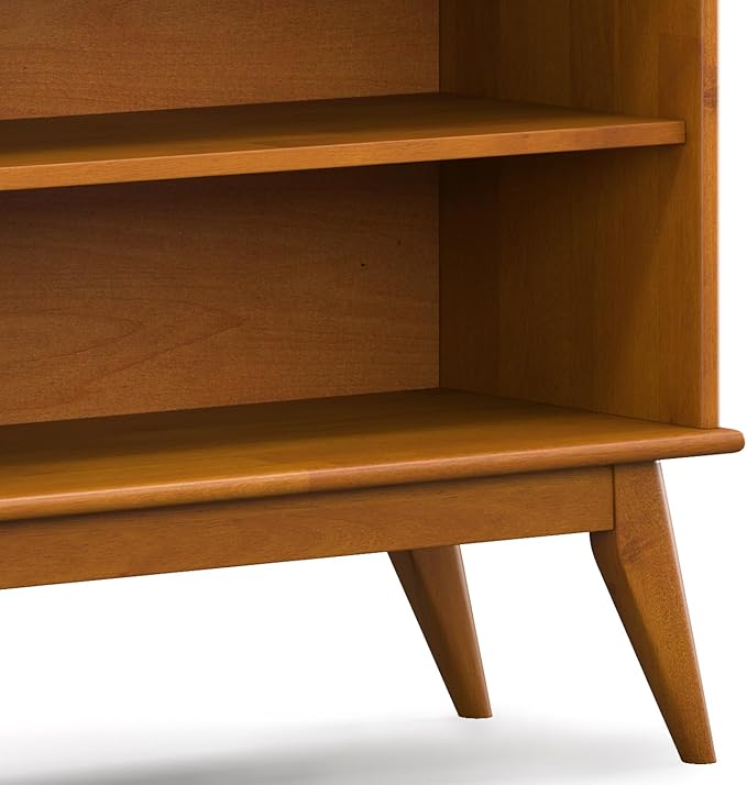 SIMPLIHOME Draper Bookcase - 30 inch Tall Solid Hardwood Low Bookshelf in Teak Brown, Mid-Century Modern Storage for Living Room, Study Room or Office with Tapered Legs and Wide Open Shelves
