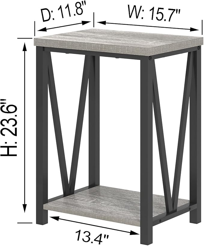 FOLUBAN End Table, Rustic Wood and Metal Side Table with Storage, Modern NightStand for Living Room Bedroom, Small Spaces, Light Grey