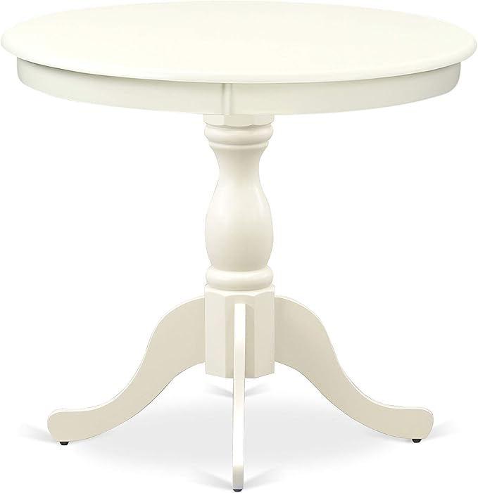 East West Furniture AMIP3-LWH-C 3 Piece Dining Set Contains a Round Dining Room Table with Pedestal and 2 Linen Fabric Upholstered Chairs, 36x36 Inch, Linen White