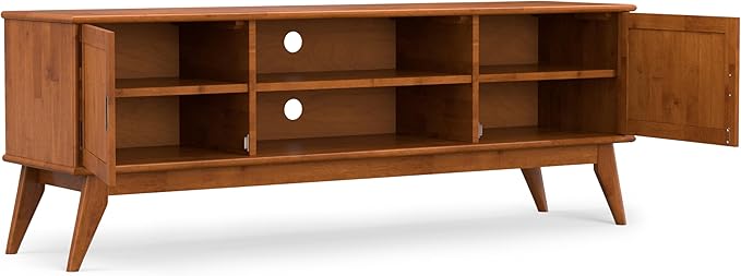 SIMPLIHOME Draper Solid Hardwood 72 inch Wide Mid Century Modern TV Media Stand in Teak Brown for TVs up to 80 inches for The Living Room and Entertainment Center