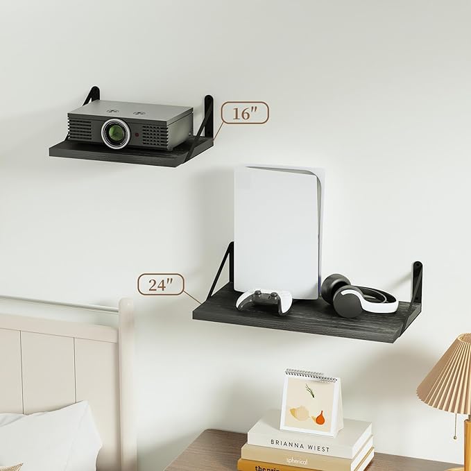 SAUMONIERES Floating Shelves Wall Bookshelf for Bedroom Bathroom Living Room Wood Wall Mounted Wide Deep Storage, Black Painted Wall Shelves Set of 2