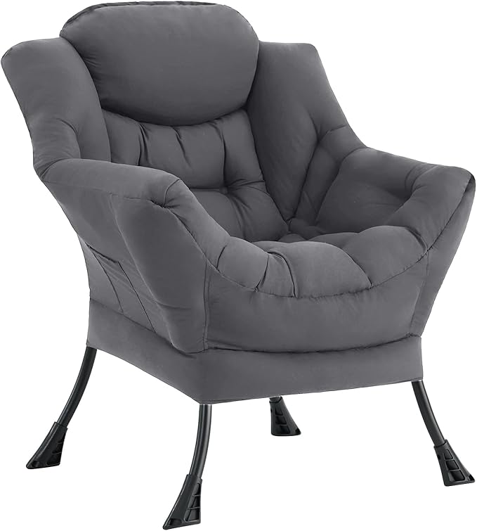 LITA Lazy Chair with Ottoman, Modern Accent Leisure Upholstered Sofa, Contemporary Lounge Reading Chair with Armrests and a Side Pocket for Living Room, Bedroom & Small Space, Single Dark Grey