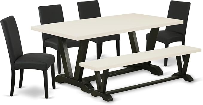 East West Furniture V627DR124-6 6 Piece Dinette Set Contains a Rectangle Dining Table with V-Legs and 4 Black Color Linen Fabric Parson Chairs with a Bench, 40x72 Inch, Multi-Color