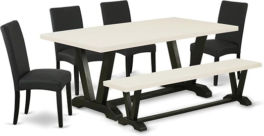 East West Furniture V627DR124-6 6 Piece Dinette Set Contains a Rectangle Dining Table with V-Legs and 4 Black Color Linen Fabric Parson Chairs with a Bench, 40x72 Inch, Multi-Color