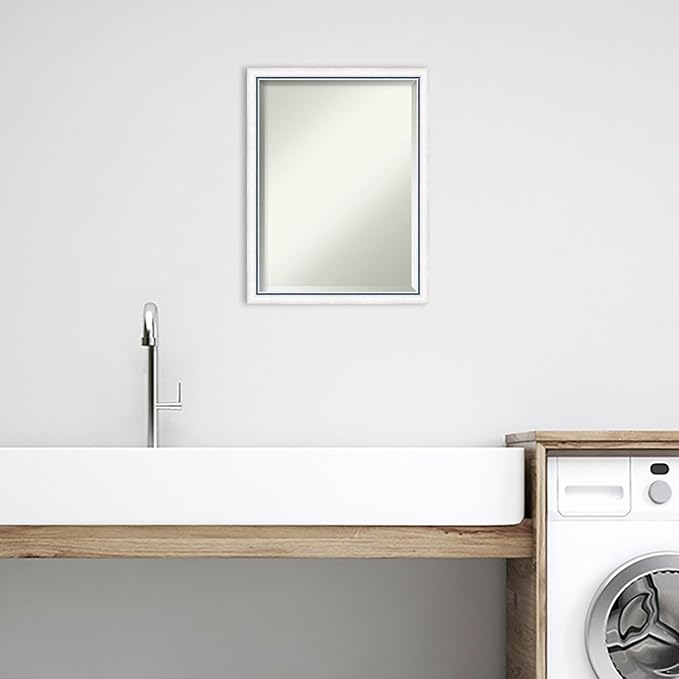 Amanti Art White Bathroom Mirror for Over Sink, 26x20 Morgan White Blue Rectangle Vanity Mirror, Medium Modern Contemporary Wood Frame, Hangs Horizonally and Vertically, Bathroom Wall Decor, Beveled
