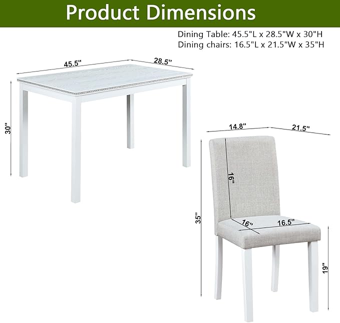 KEIKI 5-Piece Standard Height Dining Table Set with Rectangular Table and 4 Upholstered Chair, for 4 Person, Modern Crystal Decoration Wooden Table Set, Easy Assembly, for Kitchen, Dining Room, White