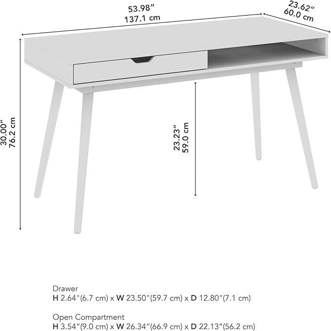 Bush Furniture Nora 54W Writing Desk in Pure White | Computer Table for Home Office Workspace or Entryway