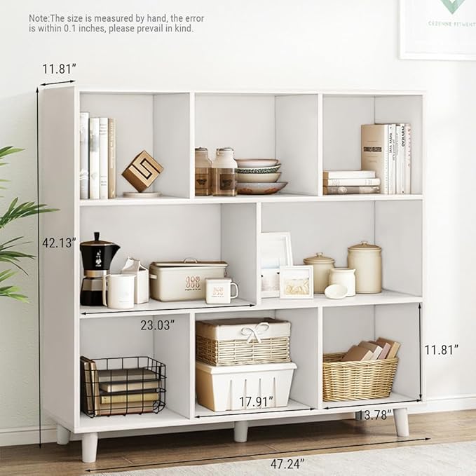 IOTXY Open Cube Low Bookcase - 3-Tier Freestanding Storage Display Cabinet Organizer with Legs for Home Office, 8-Cubes Open Shelf Short Bookshelf, White