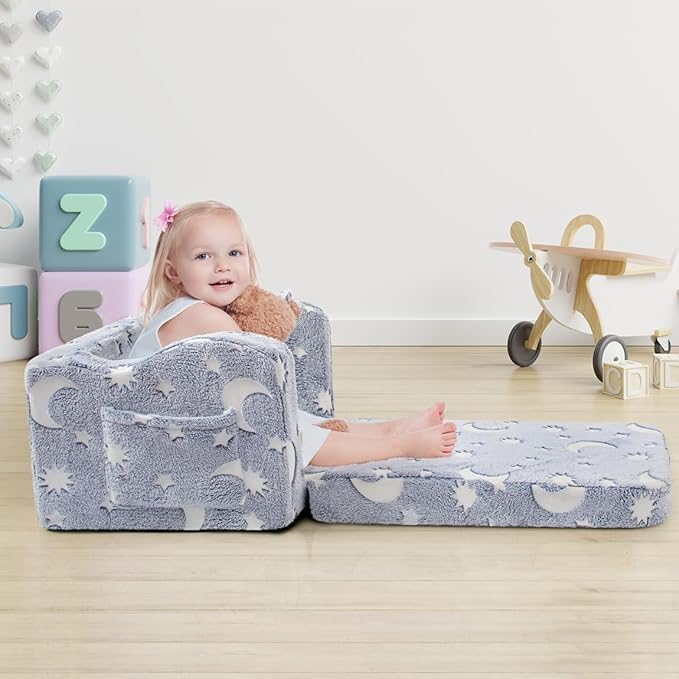 Kids Toddler Chair, 2-in-1 Toddler Couch Fold Out, Convertible Chairs for Toddlers Comfy Sofa to Lounger with Glow in The Dark Feature, Soft for Girls and Boys, Glowing Starry Sky