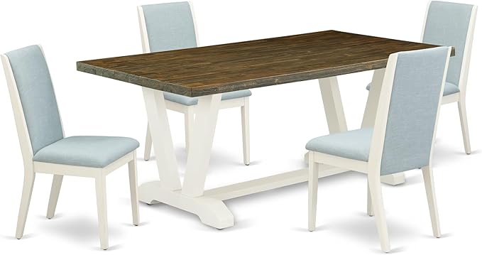 East West Furniture V077LA015-5 5 Piece Dinette Set Includes a Rectangle Dining Room Table with V-Legs and 4 Baby Blue Linen Fabric Upholstered Parson Chairs, 40x72 Inch, Multi-Color