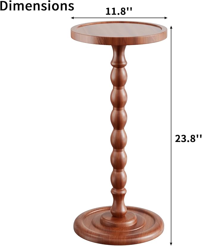 Solid Wood Drink Table, Rubber Wood‌ Small Round Side Table for Small Spaces, Martini Tables, Pedestal End Tables for Living Room, Bedroom, Corners, and Office (Light Walnut, 11.81inch)