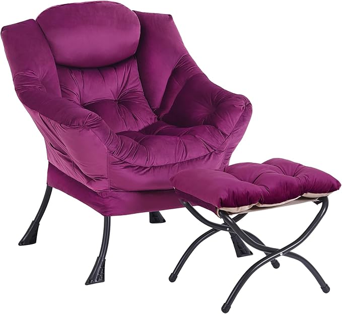 Lazy Chair with Ottoman, Modern Accent Chair Lounge Leisure Sofa Chair with Armrests, Reading Chair and Folding Footstool Set for Living Room, Bedroom, Office