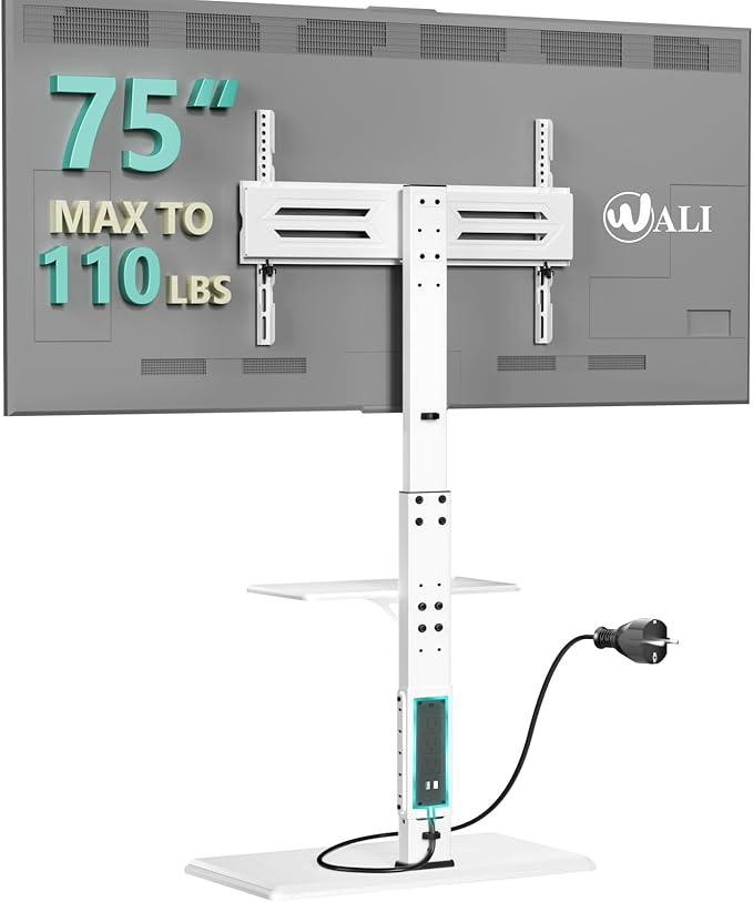 WALI Floor TV Stand with Power Outlet & AV Shelf, Tall TV Stand Mount for 32-75 inch TV up to 110 lbs, Swivel and Height Adjustable TV Stands with Wood Base for Bedroom, Office(TVDVD-6PW), White