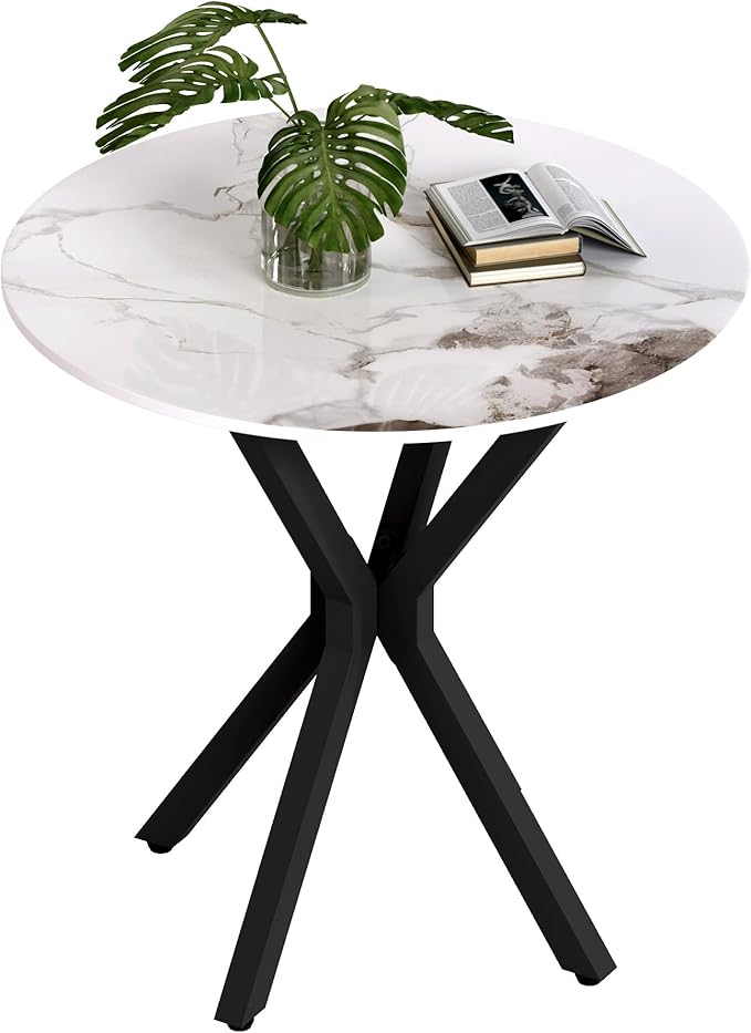 Round Side Table Set of 1, Modern Stylish End Table with Faux Marble Top and Black Metal Legs,Durable Sofa Side Table for Living Room Bedroom