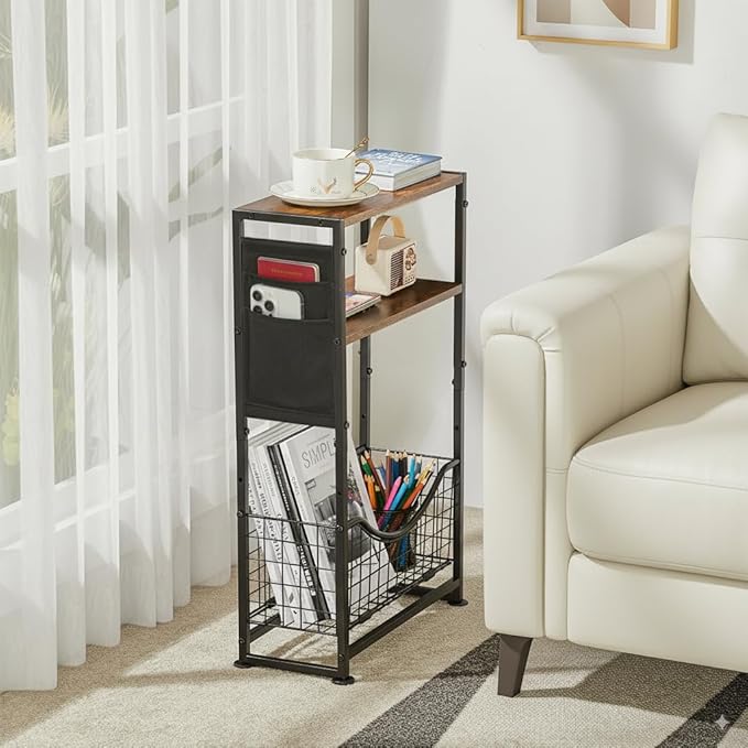 Narrow Side Table, Skinny Small End Tables with Magazine Holder, 3 Tier Small Sofa Side Table for Smalls Spaces, Sofa Couch Tables Bedside Table for Living Room Bedroom Office