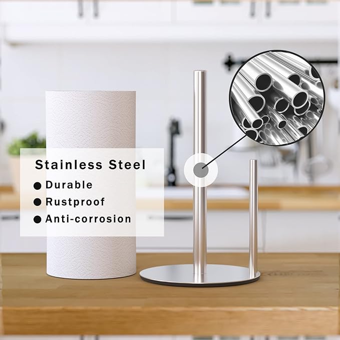 Paper Towel Holder Silver, Premium Stainless Steel Kitchen Roll Dispenser, Countertop Roll Organizer with Weighted Base