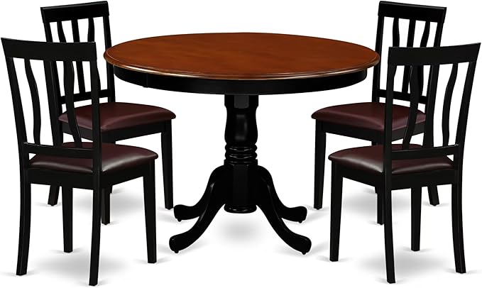 East West Furniture HLAN5-BCH-LC 5 Piece Dining Set Includes a Round Dining Table with Pedestal and 4 Faux Leather Kitchen Room Chairs, 42x42 Inch, Black & Cherry