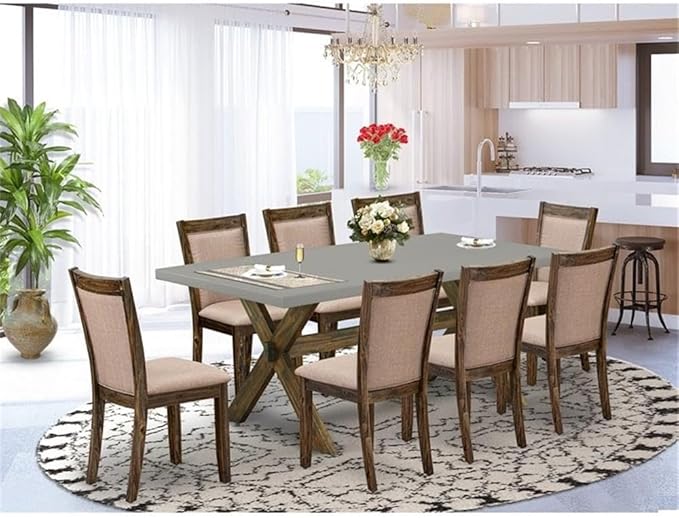 East West Furniture X797MZ716-9 9 Piece Kitchen Table Set Includes a Rectangle Dining Table with X-Legs and 8 Dark Khaki Linen Fabric Parson Dining Room Chairs, 40x72 Inch, Multi-Color