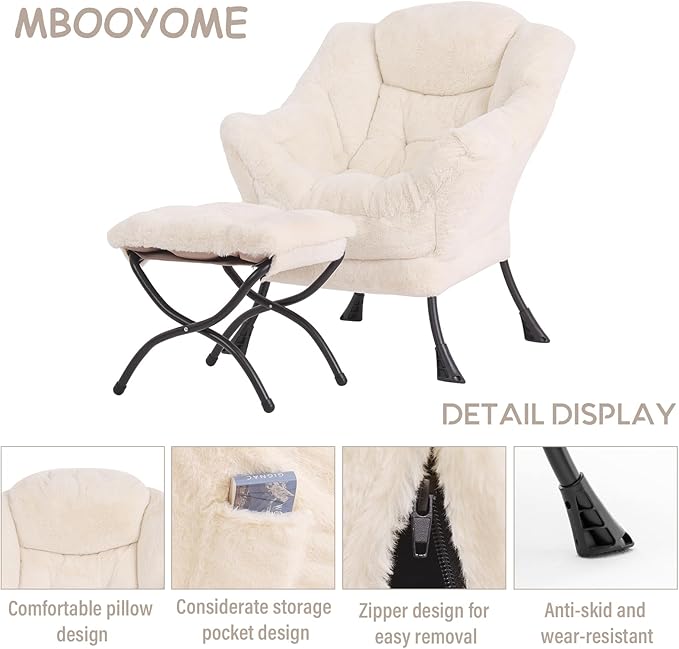 Lazy Chair with Folding Ottoman, Modern Accent Lounge Armchair with Armrests and a Side Pocket & Foldable Footstool, Leisure Reading Chair for Living Room, Bedroom, Dorm & Office, Plush Beige