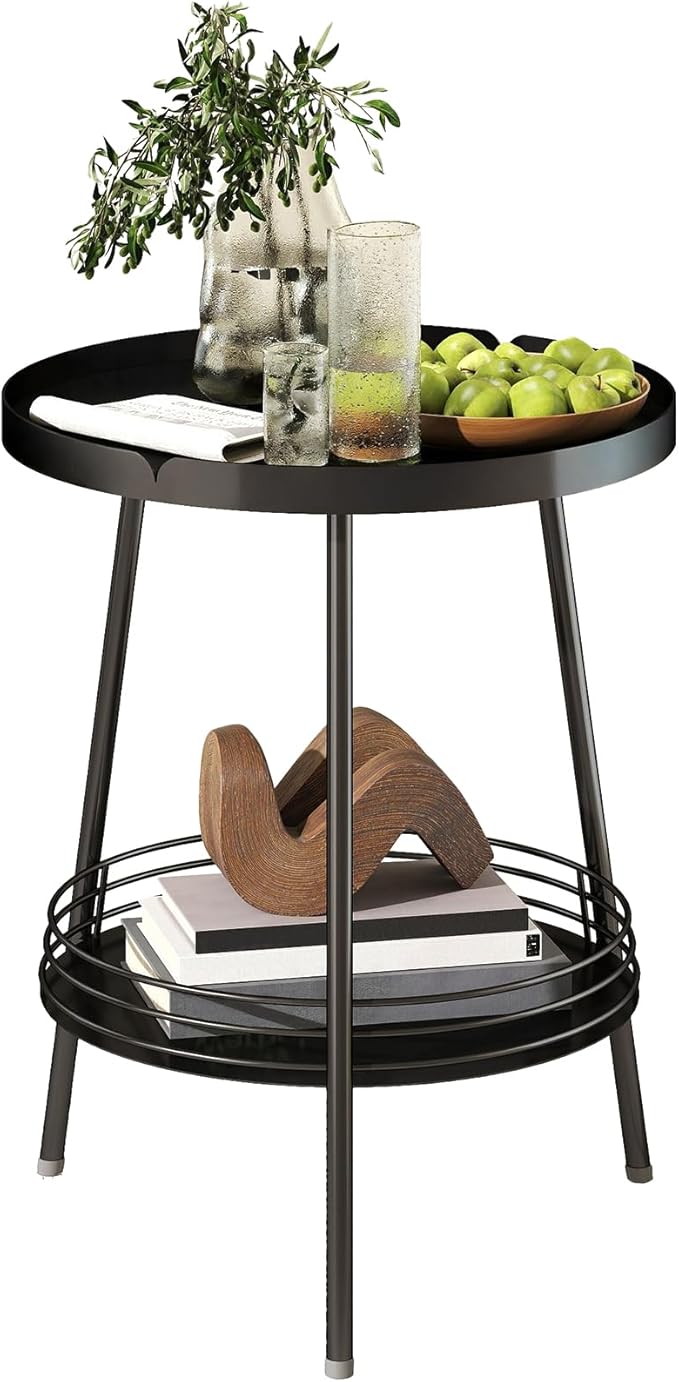 Benkyo 2 Tier Black Metal Round Side Table Tiered Two Shelf Storage Coffee Sofa End Table for Living Room and Bedroom,Black