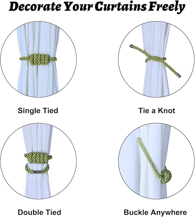 BEL AVENIR Magnetic Curtain Tiebacks, Decorative Drapery Holdbacks Modern Woven Tie-Backs with Exquisite Knot (Green, 4 Pack)
