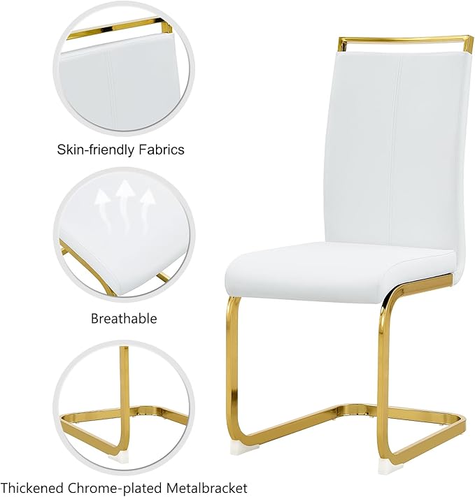 Modern Dining Chairs Set of 4,High Back White Kitchen Chairs,Faux Leather Side Chair with Gold Plated Metal Legs,Easy to Clean Upholstered Dining Chairs,Ideal for Living Room(Gold Leg)