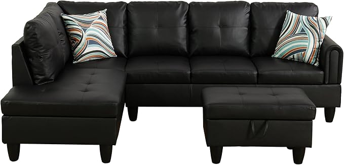 NicBex Sectional Couch 3 Pieces Sofa Set with Right Chaise Faux Leather L Shaped Cloud Couch for Living Room Furniture Sets with Storage Ottoman, Modular Sofa for Living Room & Apartment, Black