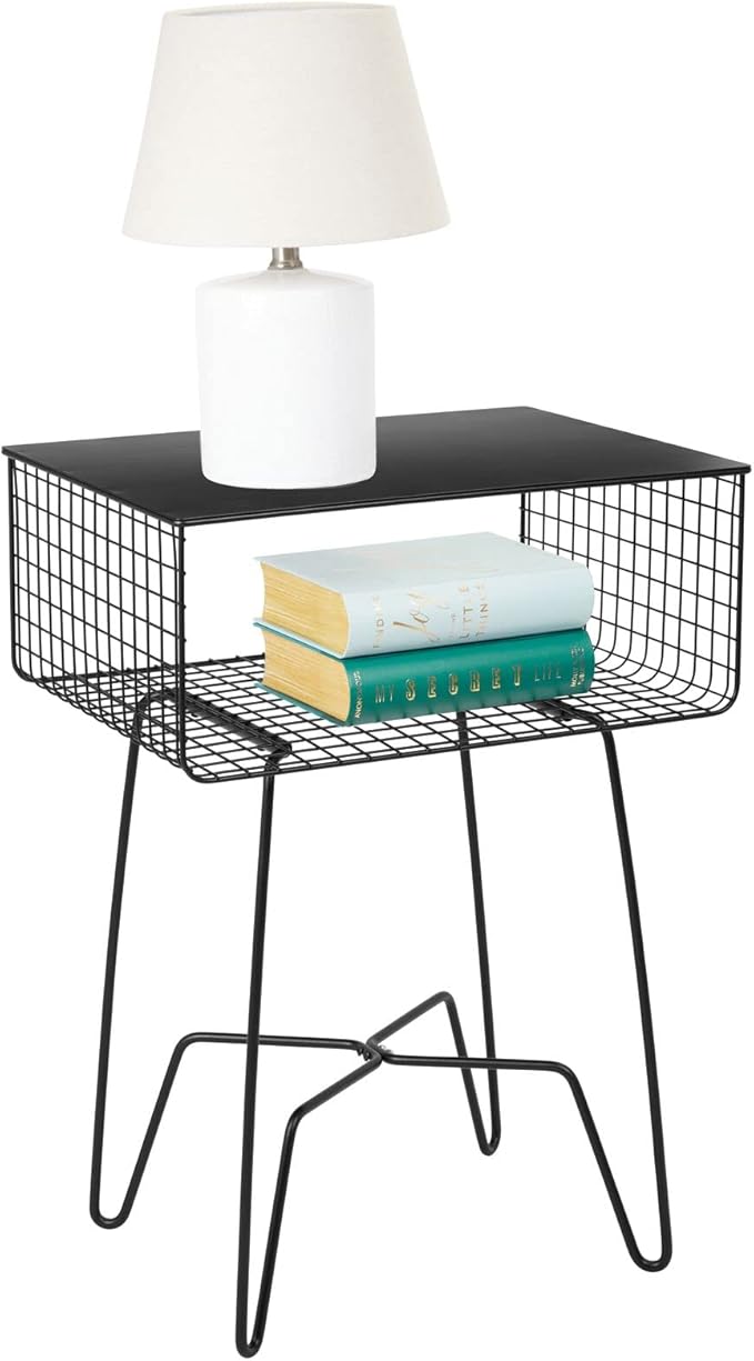 mDesign Steel Side Table Nightstand with Storage Shelf Basket for Bedroom, Living Room, Home Office; Rustic Bedside End Table, Industrial Modern Accent Furniture - Concerto Collection - Black