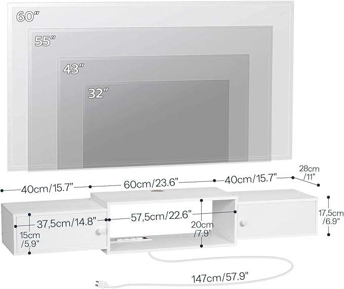 HOOBRO 55" Floating TV Stand with Power Outlet, Modern Wall Mounted Media Console Shelf Cabinet for Under TV Storage, Entertainment Center, Living Room, Bedroom, White WT11UDS01