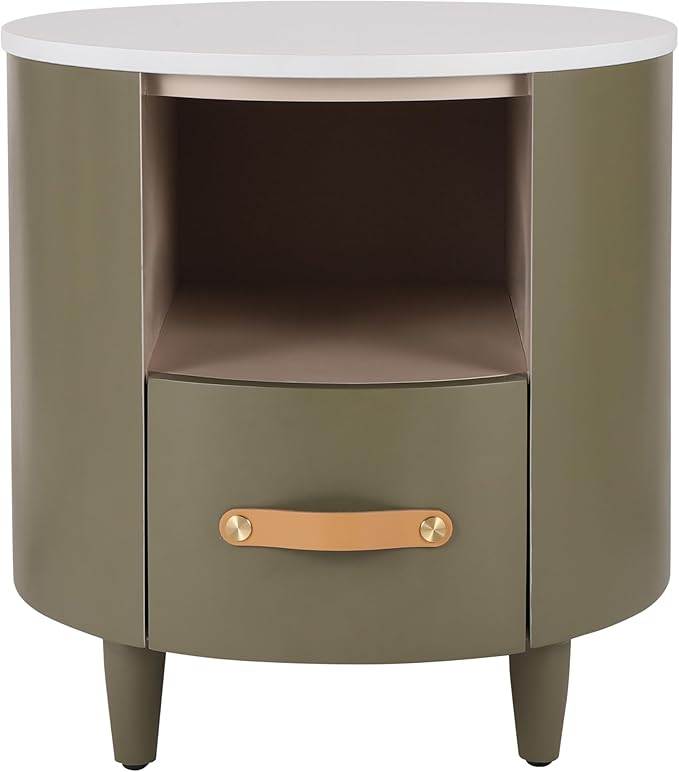 Merax Round Nightstand with Storage Drawer, MDF Contemporary Modern Bedside Table with Open Storage Shelf, Curved Design Sofa End Table for Bedroom & Living Room, Easy Assembly, Green