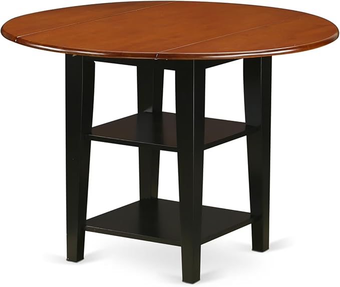 East West Furniture SUAN3-BCH-C 3 Piece Dining Room Table Set Contains a Round Kitchen Table with Dropleaf & Shelves and 2 Linen Fabric Upholstered Chairs, 42x42 Inch, Black & Cherry