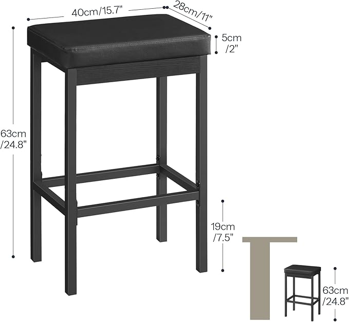 HOOBRO Bar Stools, Set of 3 Modern Black Rectangular Bar Chairs, 24.8-Inch Height, 2" Thick Upholstered Seat with High-Density Sponge, for Kitchen, Dining Room, Cafe, Bar Counter