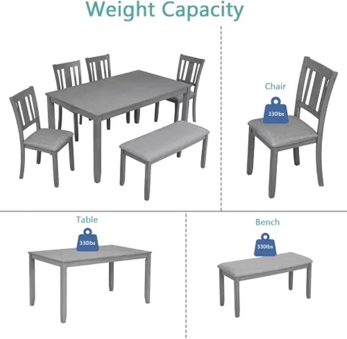 6-Piece Dining Table Set for 4-6 People, Kitchen Set with 4 Upholstered Chairs and One Bench, Living Room Chairs with Slatted Backrest, Rectangular Wooden Table for Home Bar and Kitchen, Gray