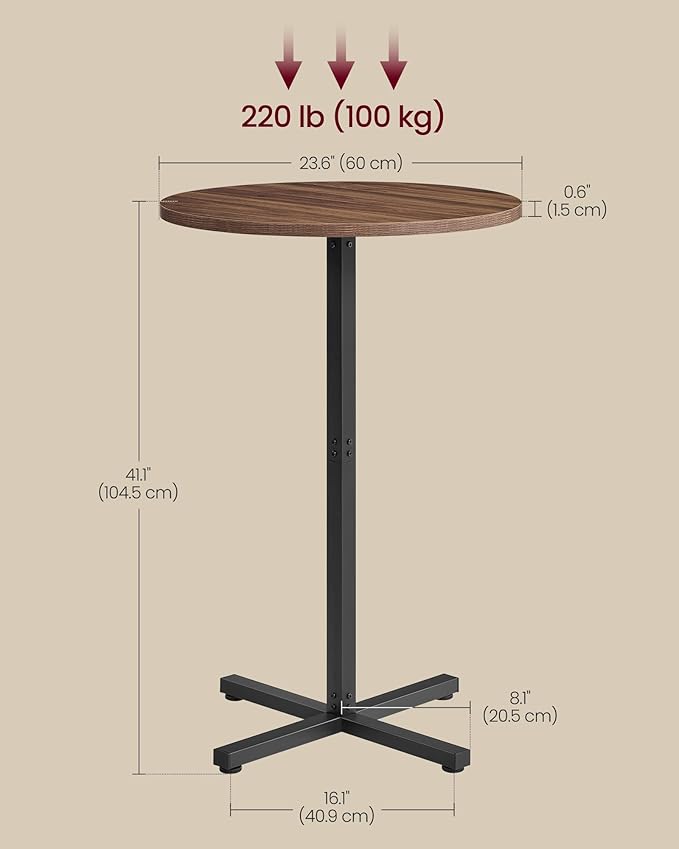 VASAGLE Round Cocktail Table, High Top Bar Pub Table with Metal Frame and Cross Base, for 2-3 People, Modern, Easy to Assemble, 23.6 x 41.1 Inches, Natural Walnut ULBT361K01V1